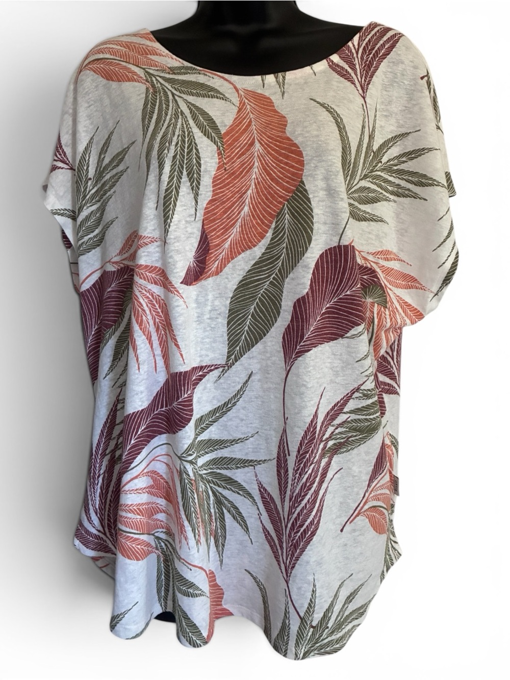 Orvis Linen Blend Coastal Cream Top Olive Green Coral Tropical Leaves Sz XL